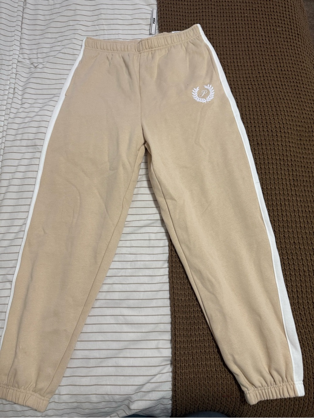 PINK/VS Neutral Tan Track Pants with White Side Stripe